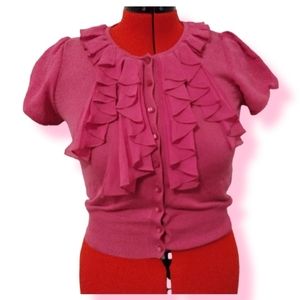 New York & Company Cropped Pink Retro Short Sleeve Cardigan size S